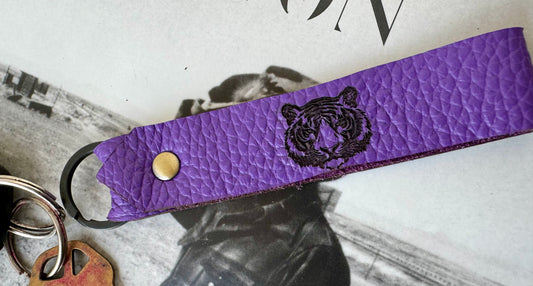 Tiger Head Purple Leather Key Chain